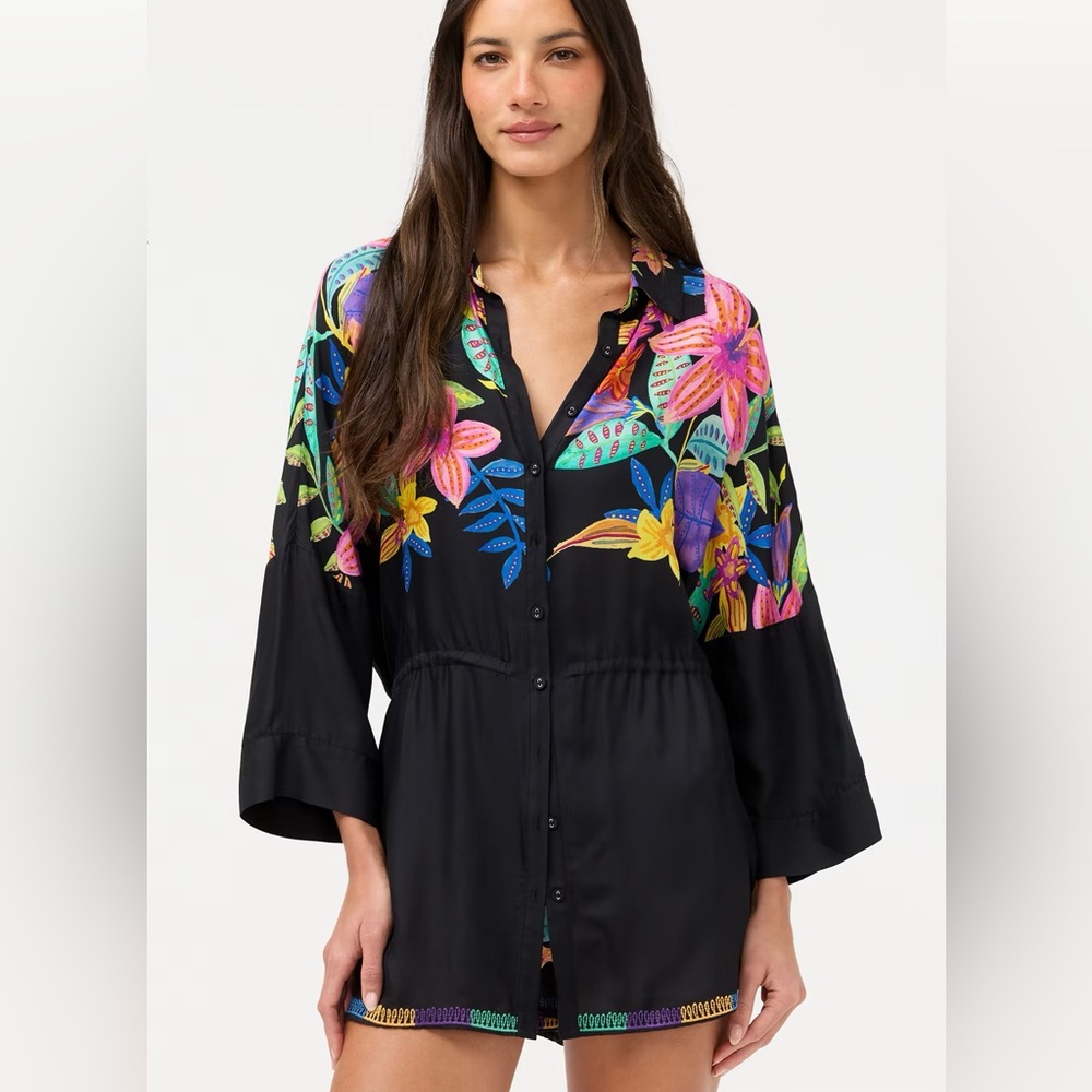 Johnny Was Black Swim Coverup with Bright Floral - S - NWT